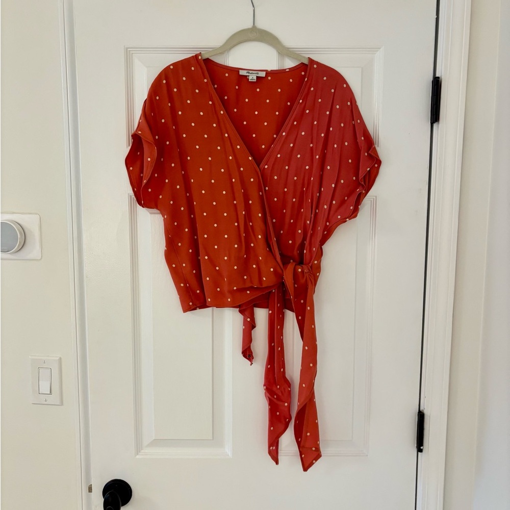 Madewell Coral and Cream Polka Dot Tie-front Blouse